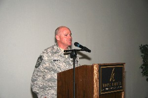 In September, Chief Master Sgt. John L. Hoffman Jr., USAF, command chief for the Air Force Materiel Command's Aeronautical Systems Center and 88th Air Base Wing, Wright Patterson Air Force Base, Ohio, thanks the corporate sponsors that donated minor league baseball tickets to noncommissioned officers at the base.